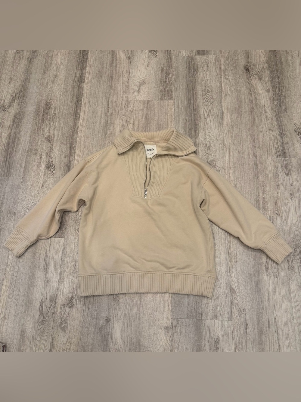 Aerie Beige Quarter Zip Sweatshirt Medium Cotton Blend Relaxed‎ Fit